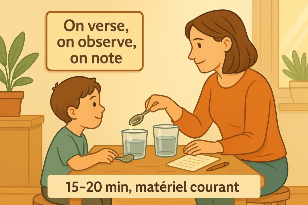 “Atelier à la maison : consigne courte, matériel courant, 15–20 minutes.”