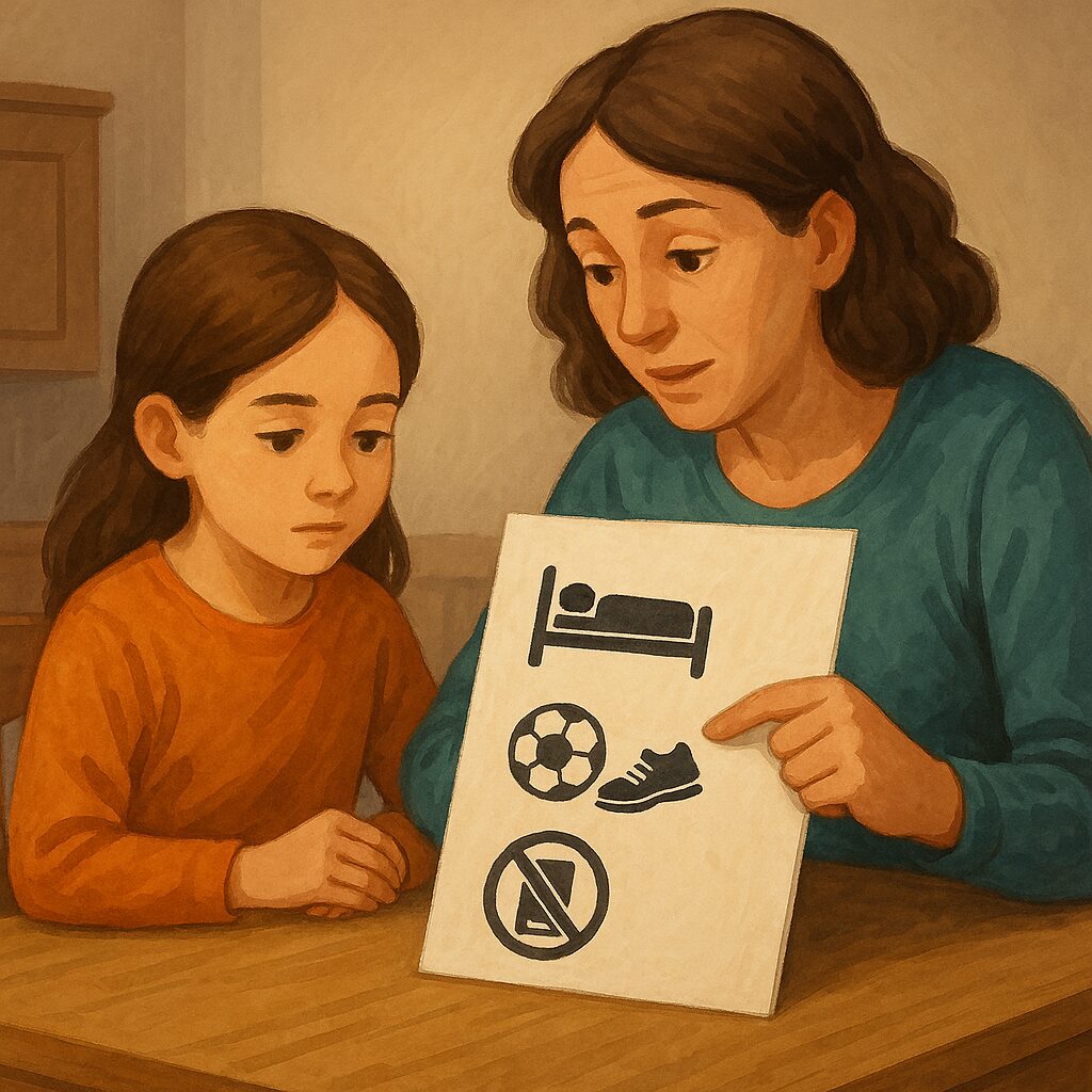 Parent et enfant assis à une table discutent de règles de temps d’écran illustrées par des pictogrammes sommeil, activité et écran barré le soir.