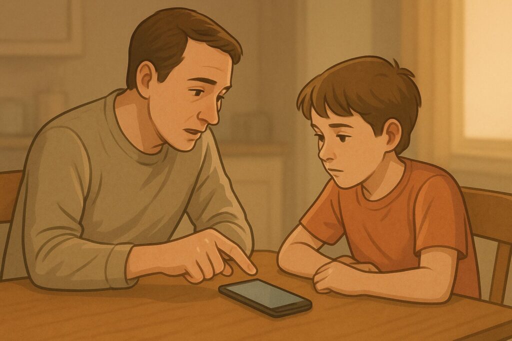 Parent et enfant assis à une table discutent du contenu d’un smartphone posé entre eux.