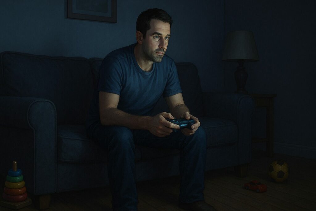 Parent assis seul sur un canapé, manette en main, jouant aux jeux vidéo dans un salon légèrement sombre.