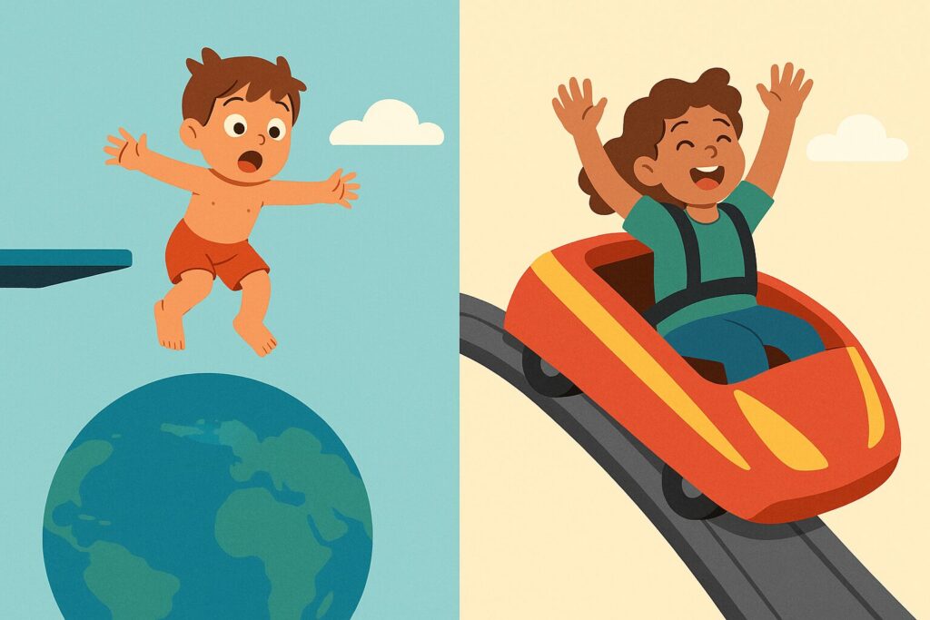 Deux scènes montrant un enfant qui saute d’un plongeoir et un enfant dans un manège, tous deux légèrement décollés de leur support pour illustrer une sensation proche de l’apesanteur.