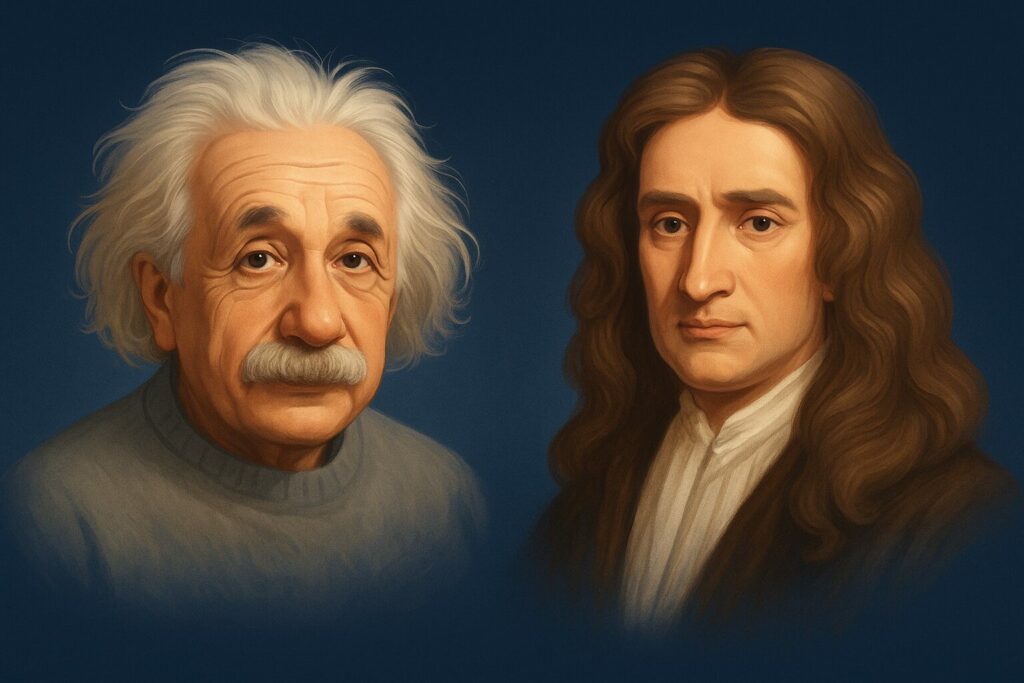 Portraits côte à côte d’Albert Einstein et d’Isaac Newton sur fond bleu