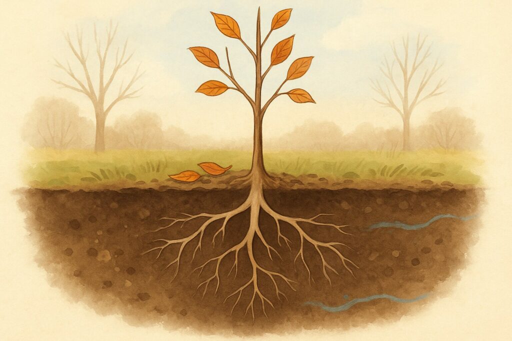 Coupe d’un jeune arbre montrant ses racines qui se développent dans un sol humide en fin d’automne.