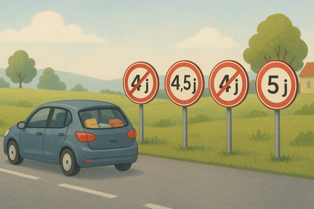 Voiture familiale passant devant des panneaux successifs « 4 j », « 4,5 j », « 4 j » puis « 5 j » pour illustrer les changements répétés des rythmes scolaires.