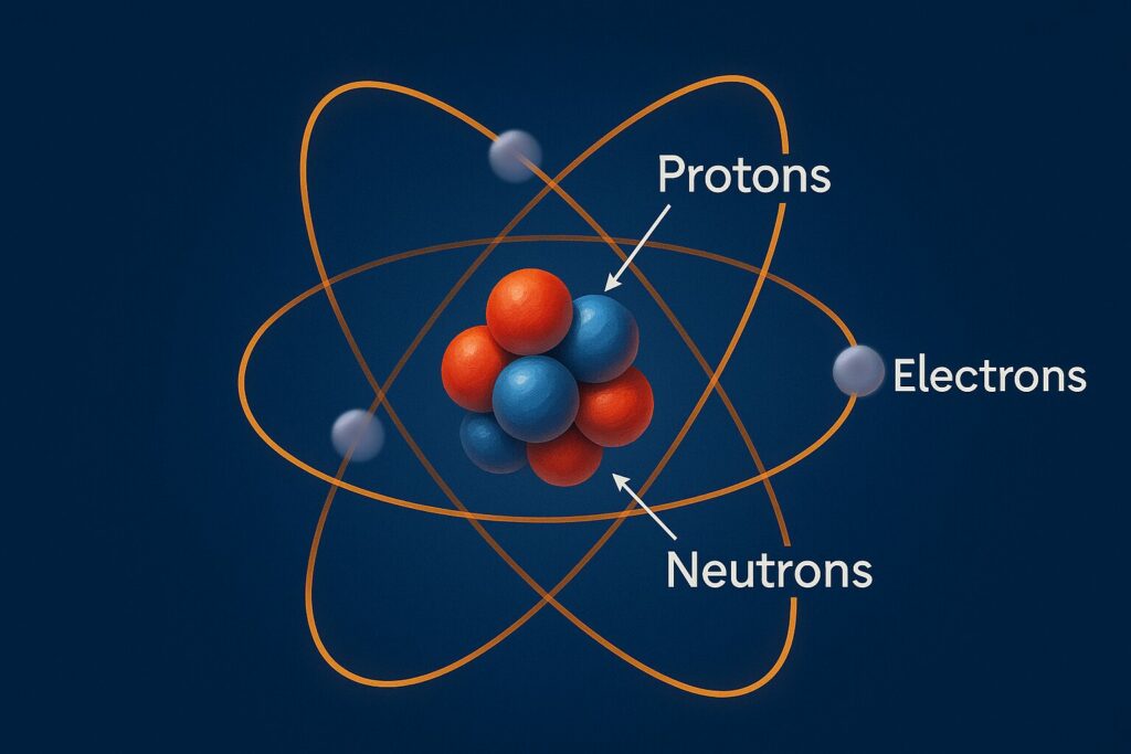 Schéma d’un atome montrant le noyau avec protons et neutrons et un électron en orbite