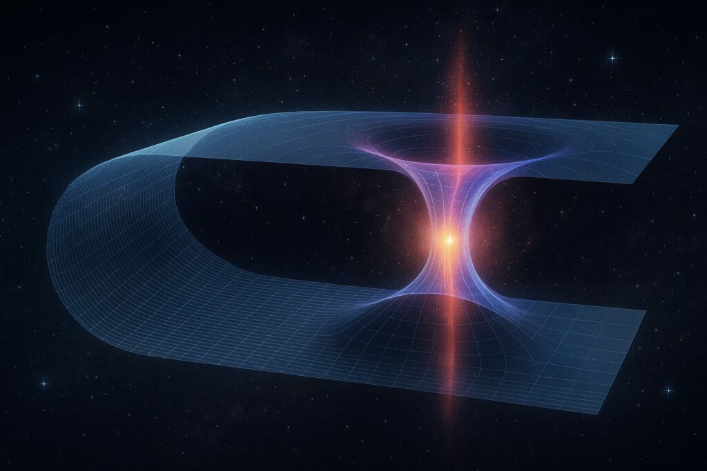 Illustration d’un trou de ver représenté comme un tunnel lumineux reliant deux feuilles d’espace-temps