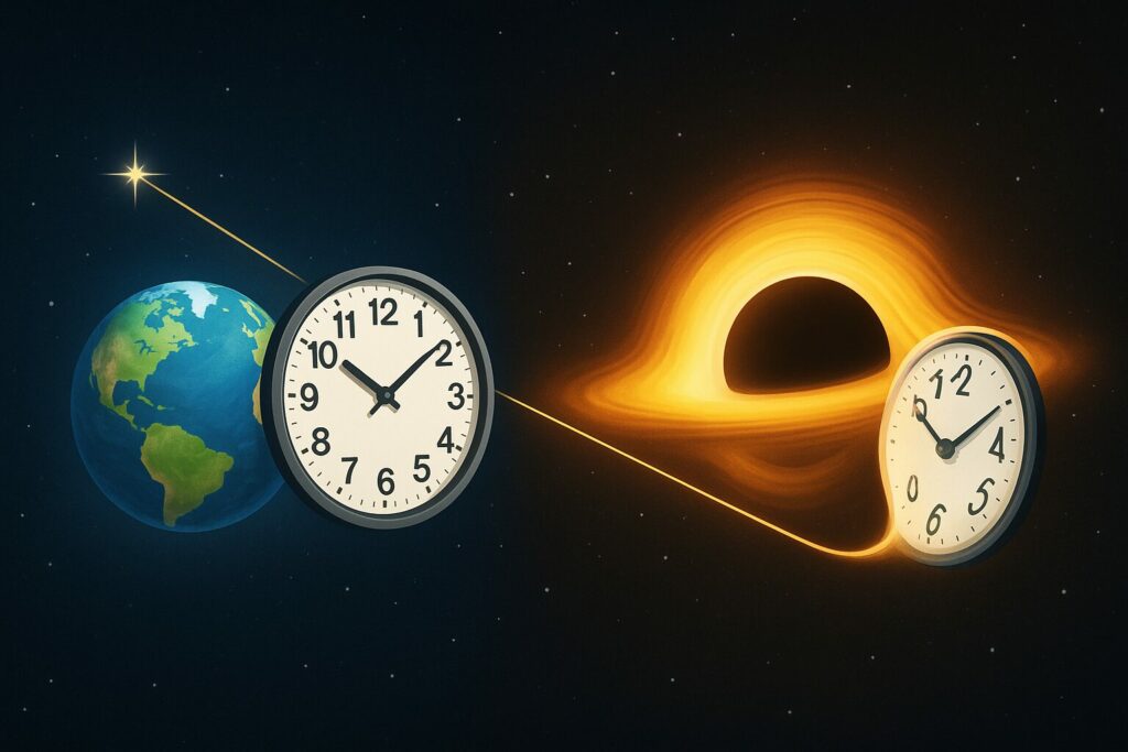 Illustration montrant la Terre et un trou noir avec deux horloges pour expliquer que la gravité modifie l’écoulement du temps