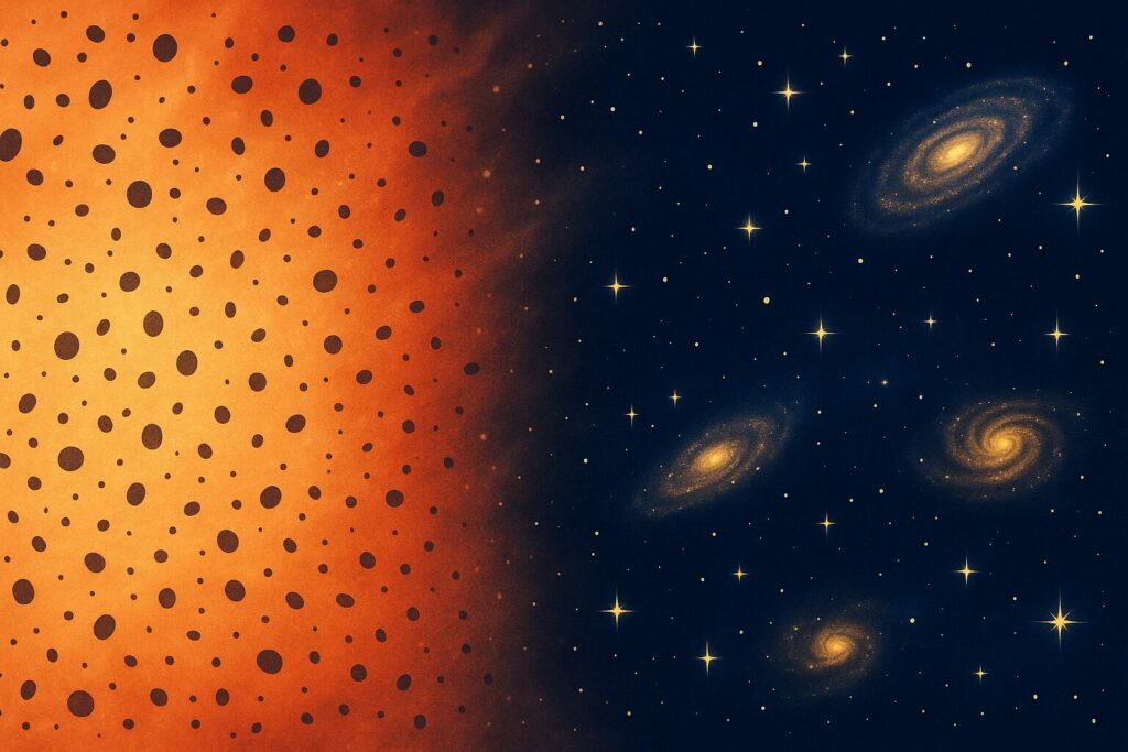 Illustration montrant à gauche un Univers jeune, chaud et rempli de grains de matière, et à droite des galaxies et étoiles dans un ciel bleu nuit.