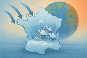 Illustration d’une vague de froid en France avec des flèches d’air glacé et un globe terrestre qui symbolise le réchauffement climatique.