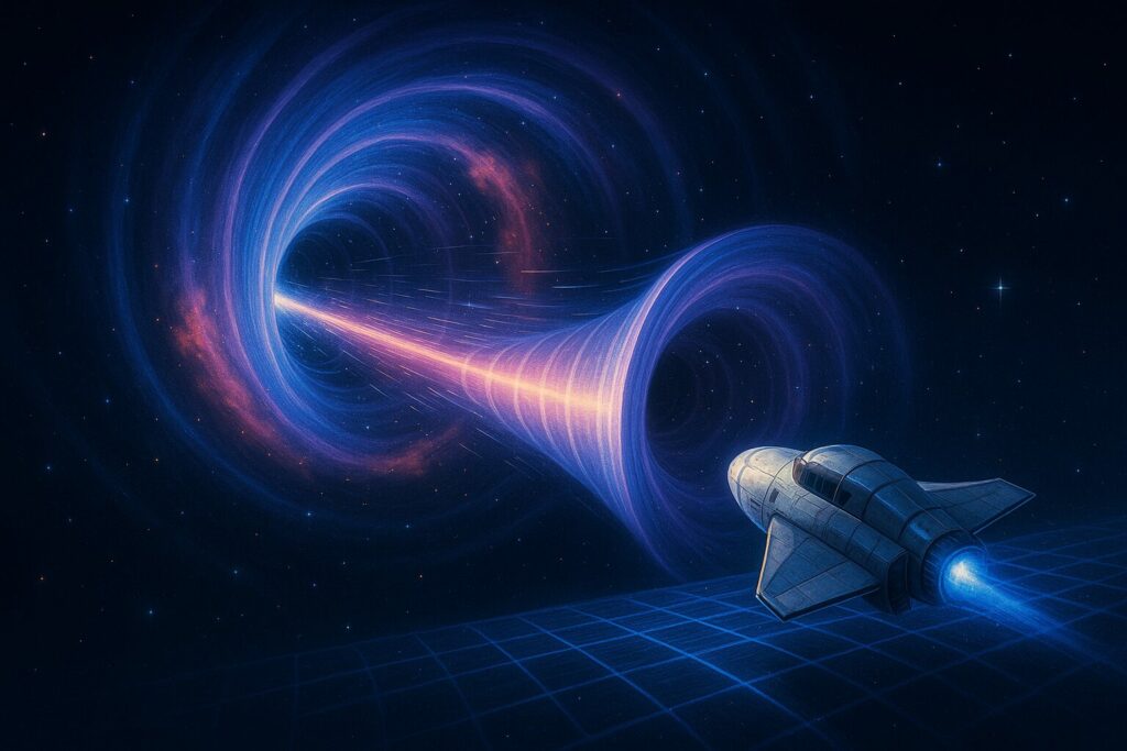 Vaisseau spatial entrant dans un trou de ver lumineux au milieu des étoiles