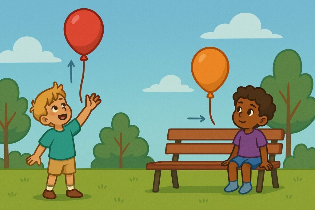 Un ballon à l’hélium qui monte dans le ciel et un ballon à air qui reste au sol pour illustrer la densité des gaz