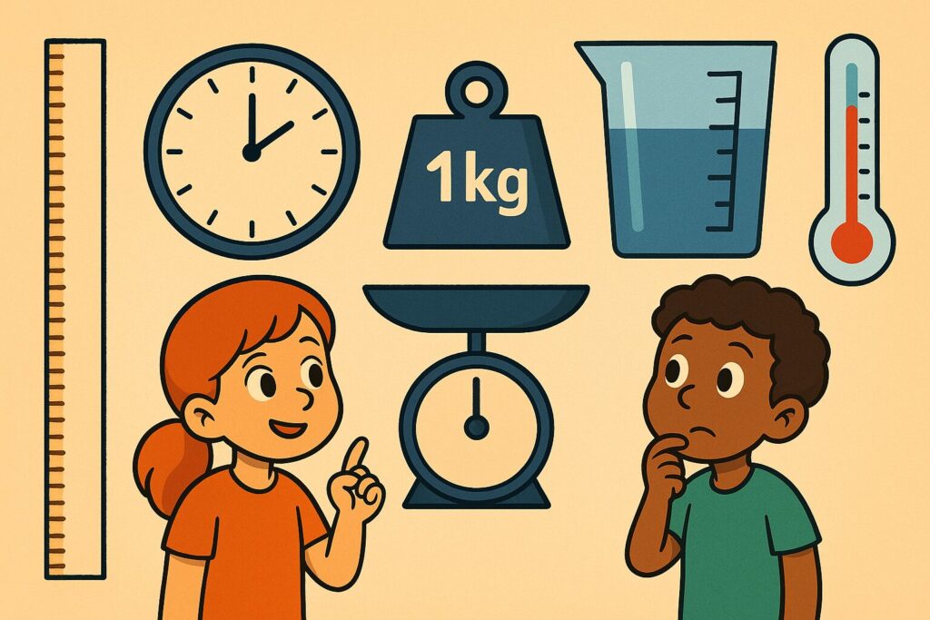 Deux enfants devant une règle, une horloge, une balance avec 1 kg, un récipient gradué et un thermomètre pour illustrer les unités de mesure