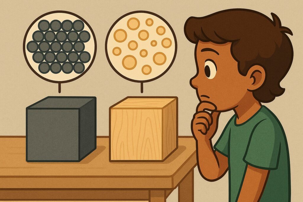 Deux cubes de même taille, métal et bois, avec un zoom montrant des particules serrées d’un côté et espacées de l’autre