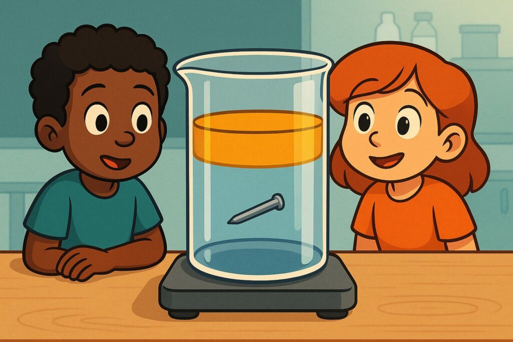 Deux enfants observent de l’huile qui flotte sur l’eau et un clou au fond du récipient pour illustrer la densité