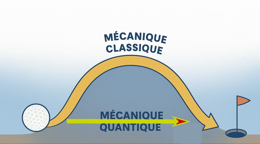 Balle de golf bloquée devant une bosse pour la mécanique classique et flèche traversant la bosse pour illustrer l’effet tunnel en mécanique quantique.