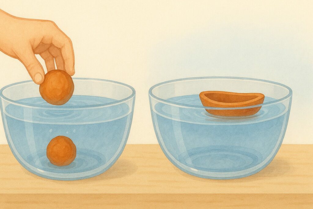Deux bols en verre remplis d’eau posés sur une table : à gauche, une boule de pâte à modeler qui coule au fond, à droite la même pâte en forme de petite barque qui flotte à la surface.