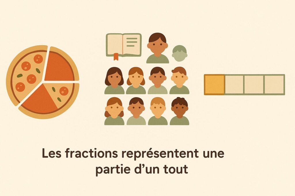 Pizza, groupe d’élèves et barre partagée en parts colorées pour montrer qu’une fraction représente une partie d’un tout.