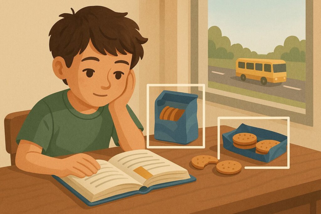 Enfant lisant un livre avec marque-page, paquet de biscuits entamé et trajet en arrière-plan pour illustrer les fractions dans le quotidien.