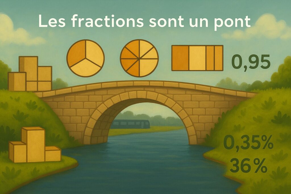 Illustration d’un pont reliant des nombres entiers à des représentations visuelles de décimaux et de pourcentages grâce aux fractions.