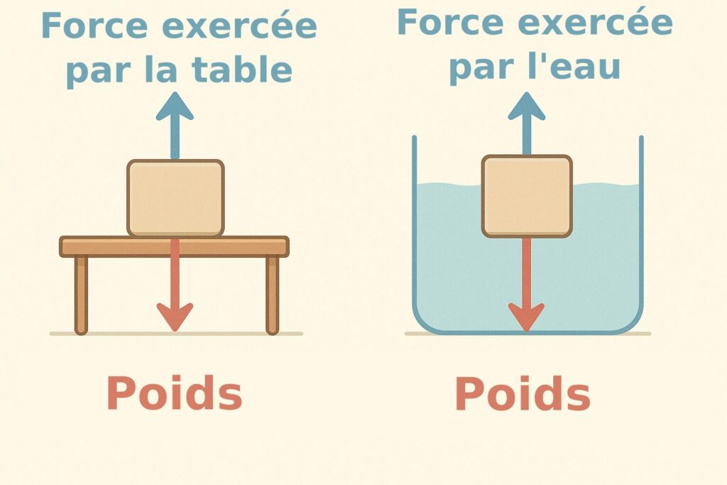 Schéma des forces sur un bloc posé sur une table et sur un bloc plongé dans l’eau, avec le poids vers le bas et la réaction de la table ou la poussée du fluide vers le haut.