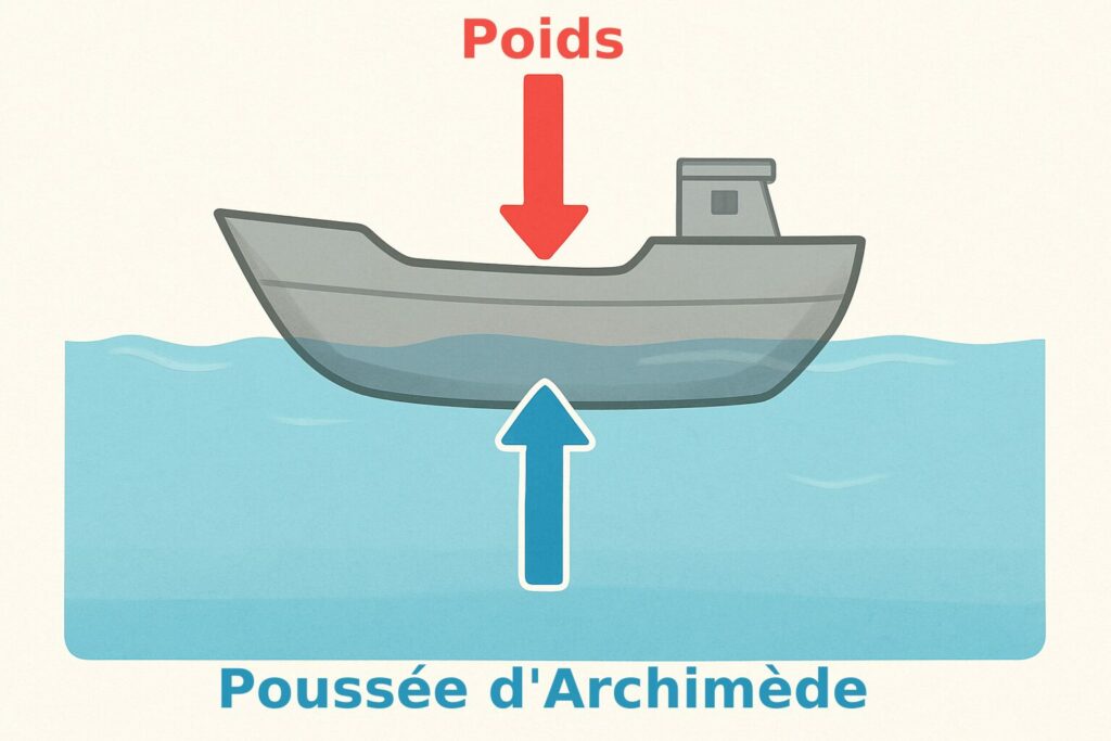 Illustration de la poussée d’Archimède sur la coque d’un bateau flottant, avec une flèche rouge vers le bas pour le poids et une flèche bleue vers le haut pour la poussée du fluide.