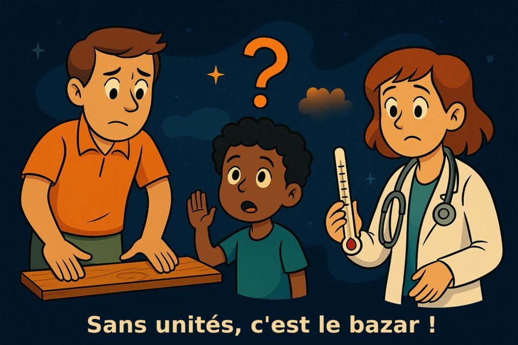 Scène illustrant le bazar sans unités de mesure, avec une planche, un enfant perplexe et un thermomètre sans graduations