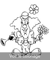 coloriage clown avec fleurs et trompette