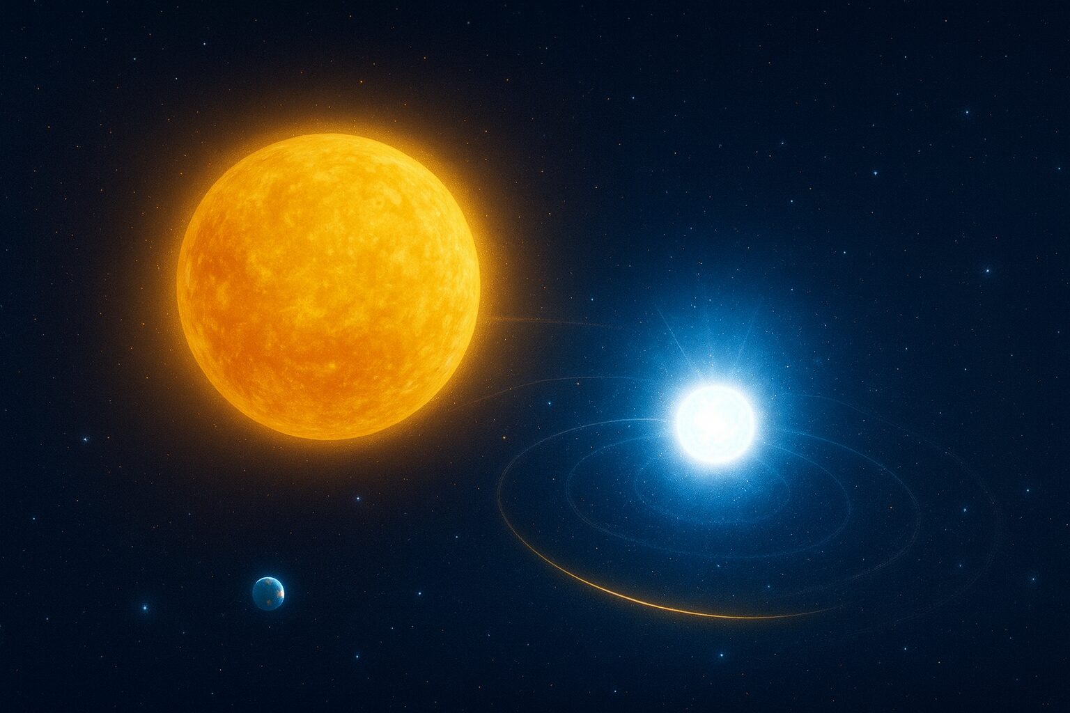 Grande étoile jaune comparée à une petite étoile à neutrons bleue très lumineuse avec la Terre au loin