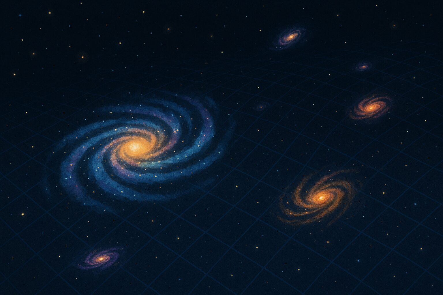 Illustration de l’expansion de l’Univers avec plusieurs galaxies colorées éloignées les unes des autres dans l’espace