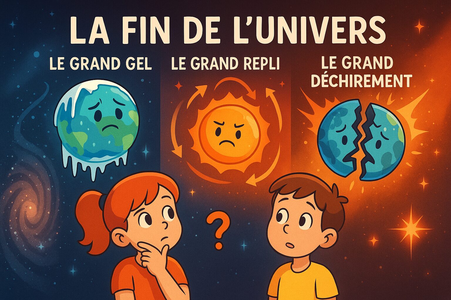 Illustration pour enfants montrant la fin de l’Univers avec trois scénarios : le Grand Gel, le Grand Repli et le Grand Déchirement, et deux enfants qui s’interrogent sous un ciel étoilé.