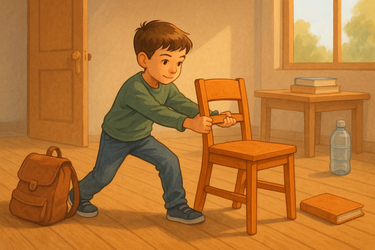 Enfant qui pousse une chaise dans une chambre ensoleillée pour illustrer les forces du quotidien.