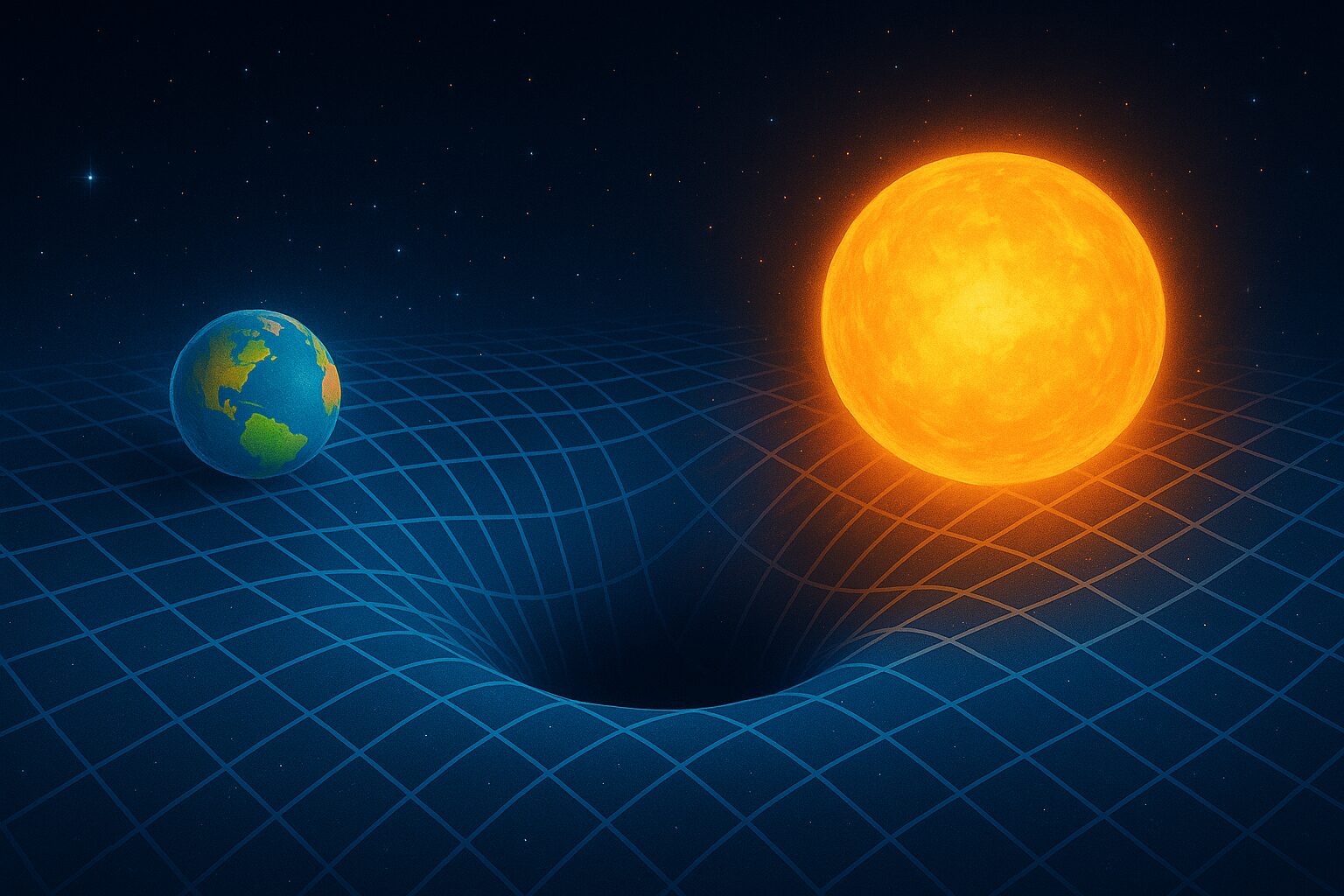 Illustration de la gravité selon Einstein avec le Soleil et la Terre déformant une grille représentant l’espace-temps