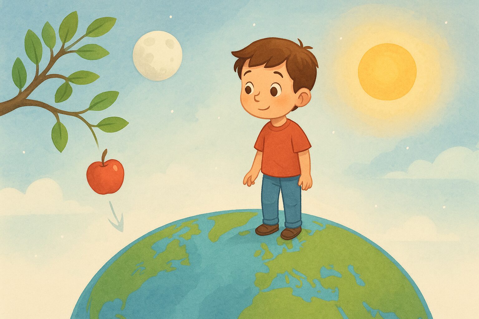 Illustration pédagogique d’un enfant debout sur la Terre regardant une pomme qui tombe d’un arbre, avec la Lune et le Soleil en arrière-plan pour symboliser la gravité.