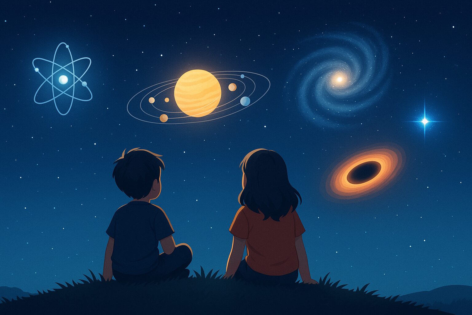 Deux enfants assis sur une colline regardant un ciel étoilé avec un atome, un système solaire, une galaxie et un trou noir pour illustrer la grande histoire de l’Univers