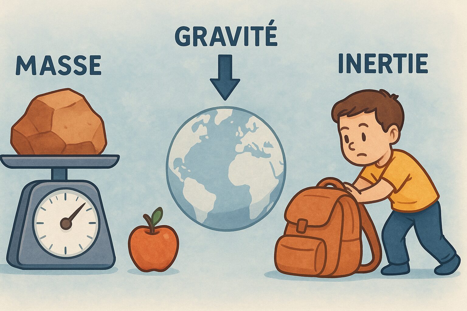 Illustration pédagogique montrant la masse, la gravité et l’inertie : une balance avec un rocher, la Terre attirant une pomme et un enfant poussant un sac à dos lourd.