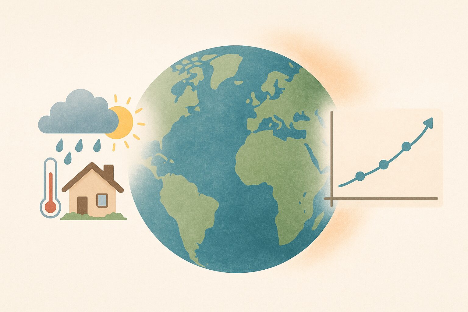 Illustration pédagogique montrant la différence entre météo et climat avec la Terre, une scène de temps du jour et un graphique de température.