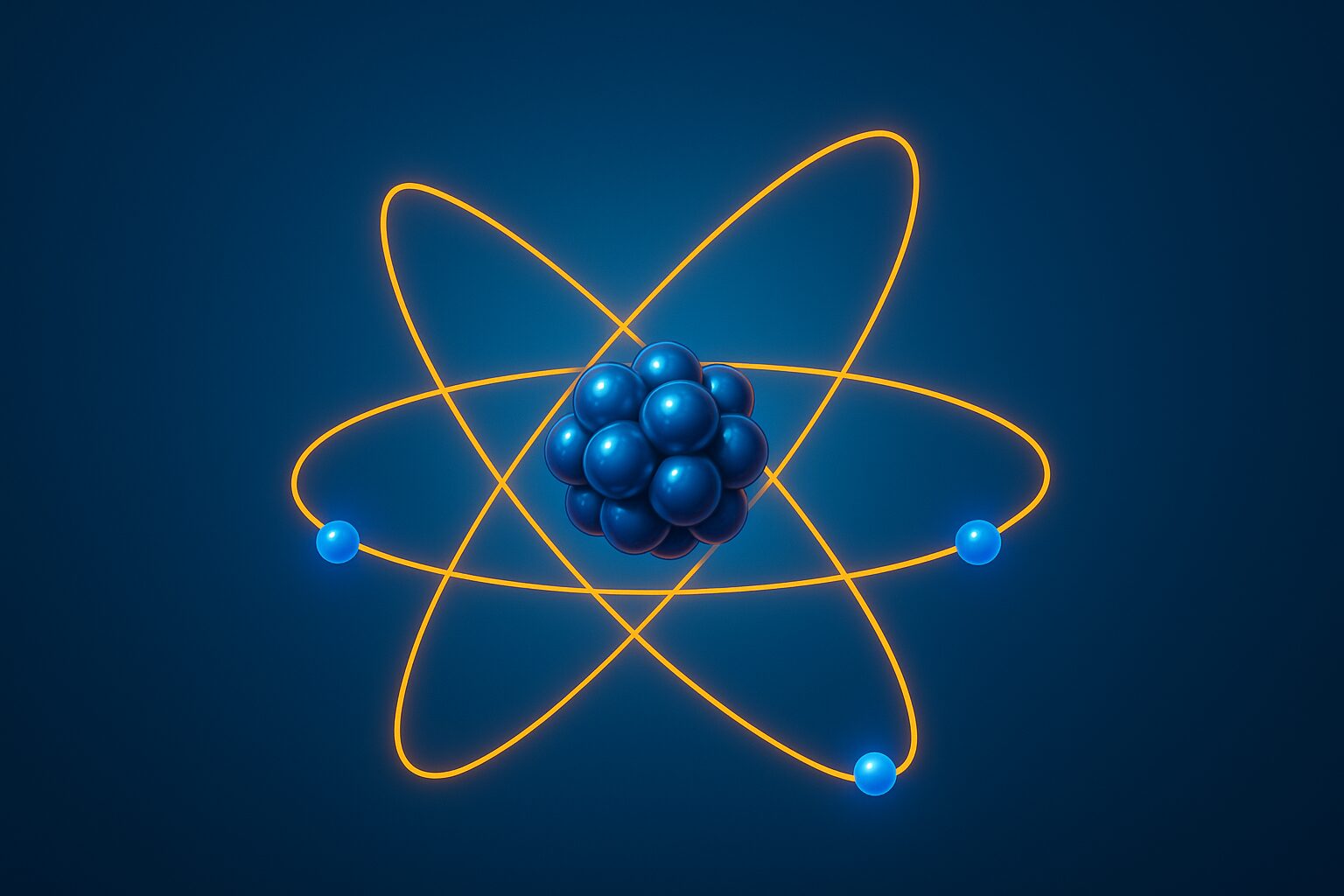 Schéma 3D d’un atome avec un noyau de sphères bleues et quatre électrons en orbite sur fond bleu