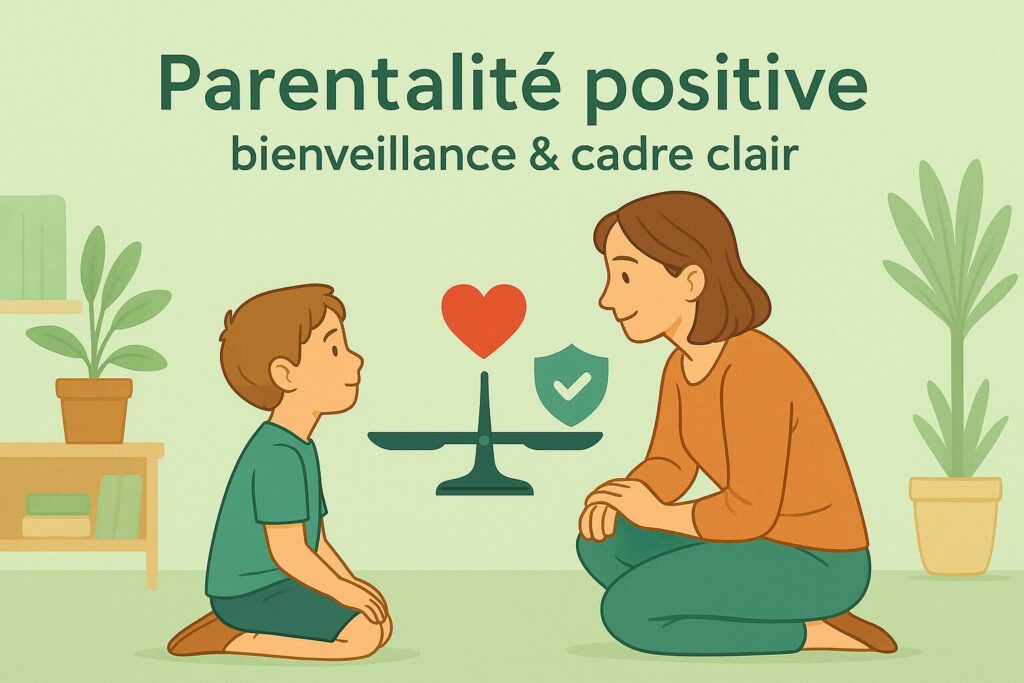 Parentalité positive : équilibre entre bienveillance et cadre clair, parent à hauteur d’enfant avec balance cœur/bouclier.