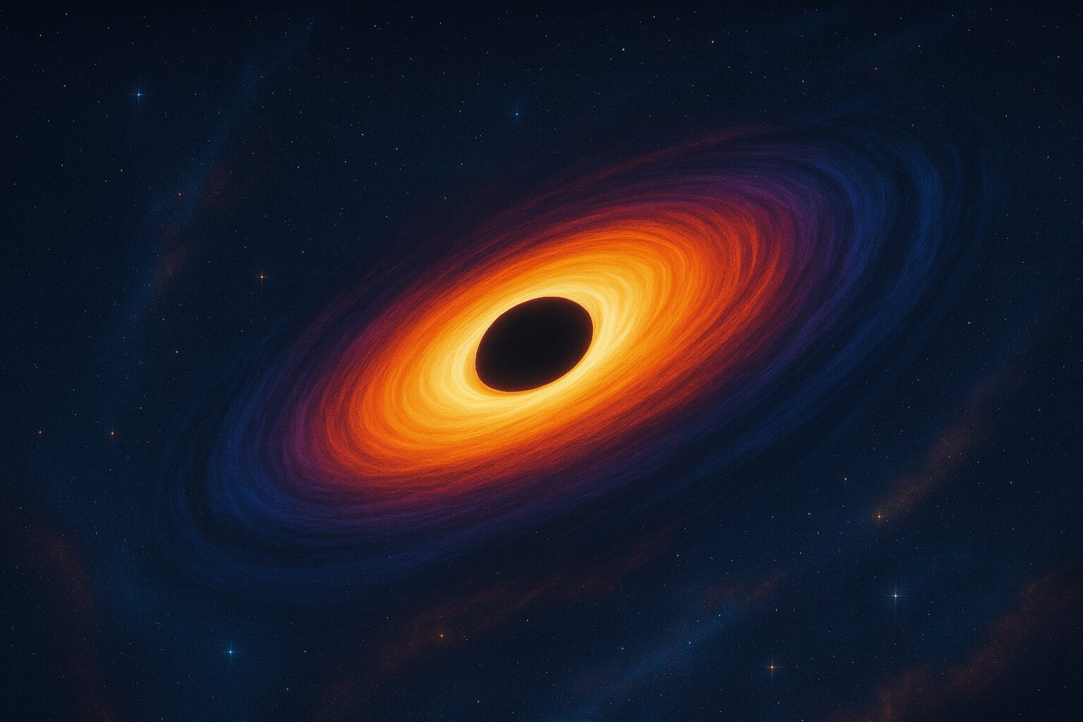 Illustration d’un trou noir avec un disque lumineux et des étoiles en arrière-plan pour expliquer les trous noirs aux enfants