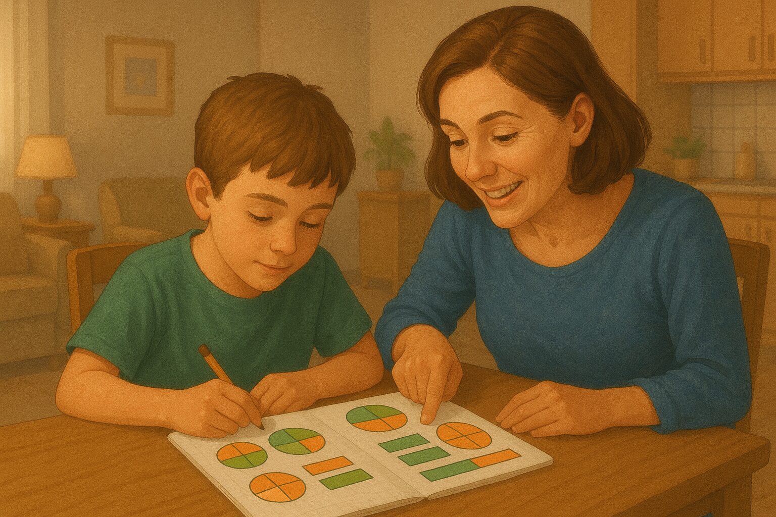 Parent assis à côté de son enfant à une table, discutant calmement d’exercices de fractions avec des schémas colorés.