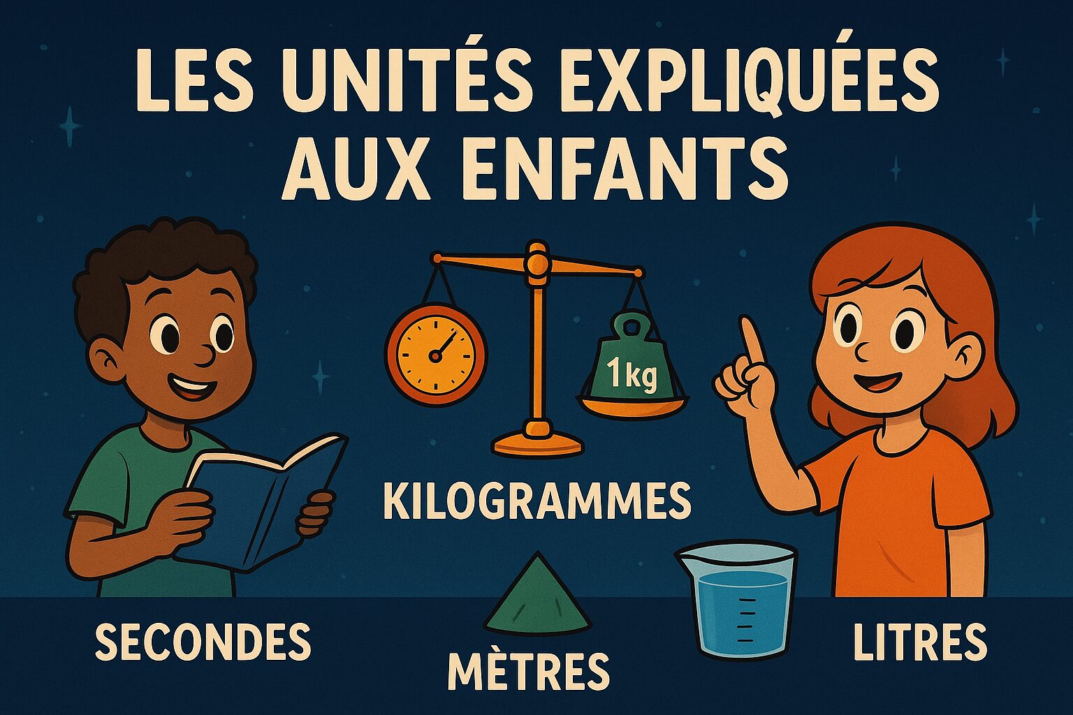Illustration d’enfants découvrant les unités de mesure secondes, kilogrammes, mètres et litres