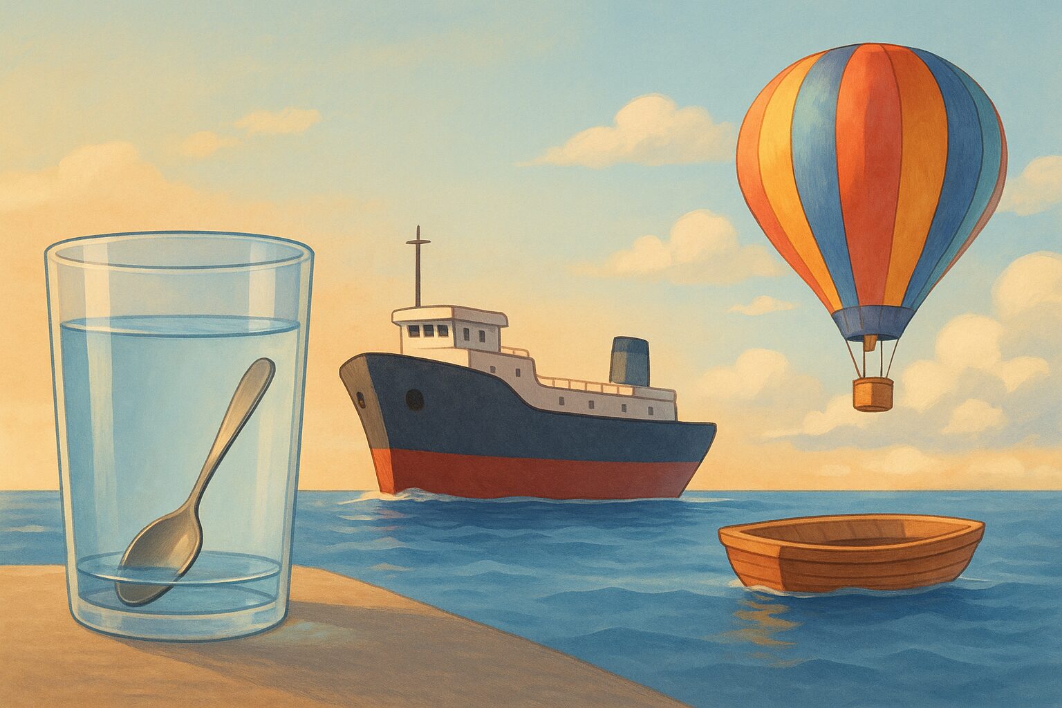 Illustration montrant une cuillère qui coule, un bateau qui flotte et une montgolfière dans le ciel pour expliquer la poussée d’Archimède aux enfants.