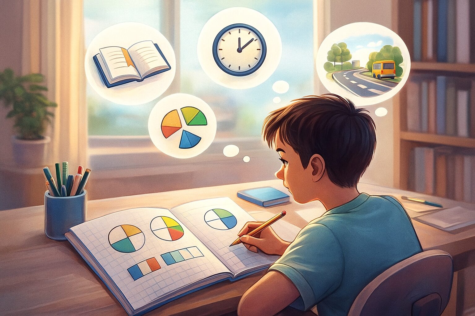 Enfant assis à un bureau réfléchissant aux fractions, avec des camemberts et des barres colorées dans son cahier.