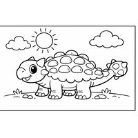 Coloriage ankylosaure cartoon de profil avec massue de queue, soleil et nuages (16:9) | Toupty.com