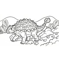Coloriage ankylosaure cartoon qui marche avec empreintes, poussière et collines (16:9) | Toupty.com