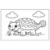 Coloriage ankylosaure kids-friendly qui sourit, plaques en cœurs/ovales, fleur et nuages (16:9) | Toupty.com