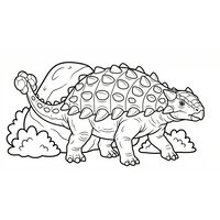 Coloriage ankylosaure cartoon près d’un gros rocher, avec deux buissons simples (16:9) | Toupty.com