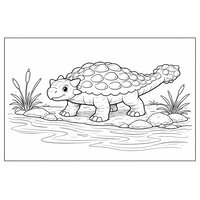 Coloriage ankylosaure réaliste épuré au bord d’une rivière stylisée avec roseaux (16:9) | Toupty.com