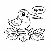 Coloriage bécasse cartoon qui marche fièrement sur des feuilles d’automne, bulle tip tap