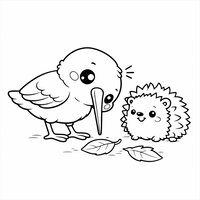 Coloriage bécasse kawaii avec un petit hérisson cartoon qui sourit, feuilles au sol